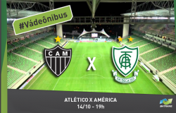 Escudos dos times Atlético Mineiro e América e no fundo o estádio Independência vazio. #VádeÔnibus
