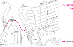Mapa da orla da lagoa da Pampulha com percurso da "Corrida Rosa" destacado na cor rosa