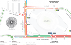 Mapa de opéração de trânsito e transportes no entorno do Mineirão para Show Turnê Amigos 20 Anos, com início às 16h do dia 20/7. 