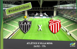 Escudos dos times Atlético Mineiro e Villa Nova e no fundo o estádio Independência vazio. #VádeÔnibus