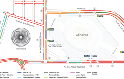Mapa da operação de trânsito para o jogo Cruzeiro x Atlético, realizado no Mineirão, no domingo, dia 14/4, às 16h.