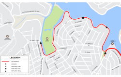 Mapa da operação do trajeto da Circuito SESI de Corrida de Rua Etapa Belo Horizonte, na orla da Lagoa da Pampulha, no domingo, dia 20/10.