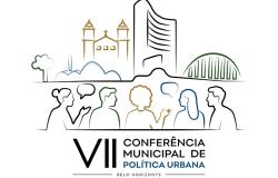 Arte com imagens que remetem a Belo Horizonte e de pessoas, e com o escrito VIII Conferência Municipal de Política Urbana
