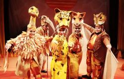 na imagem possuem cinco atores caracterizados como animais do bioma Cerrado. Vestindo figurinos em tons de amarelo, laranja e marrom, o elenco destaca-se pelas máscaras no estilo geométricas dispostas sobre a cabeça, representando diversos animais posicionados à frente de um painel ilustrado com o sol.