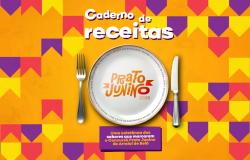 Banner colorido em tons de amarelo, laranja, vermelho e roxo, com prato, garfo e faca ao centro. Destaque para o “Caderno de Receitas Prato Junino 2026”, que reúne receitas premiadas do Arraial de Belô.