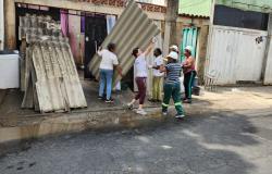 Imagem de seis mulheres trabalhando em reforma de moradia, algumas delas carregando telhas.