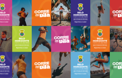 Arte mostra várias pessoas praticando corrida de rua. Todos estão usando camiseta laranja; alguns usam short, outros calça para a prática de esporte. A arte alterna a logo da PBH, com o título da atividade: Corre na Vila em azul, laranja e verde.