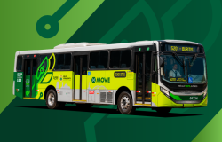 Arte em fundo verde de ônibus do Move, com a identificação do transporte coletivo, veículo plotado com as cores verde de várias tonalidades