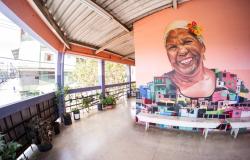 Foto do Centro Cultural Alto Vera Cruz. A imagem mostra uma varanda coberta, com piso claro, vasos de plantas ao longo do guarda-corpo e bancos brancos. Na parede ao fundo, há um grande mural colorido com o retrato de uma mulher negra sorridente, usando um lenço na cabeça com uma flor. A pintura também retrata casas em tons vibrantes, remetendo à paisagem da comunidade do Alto Vera Cruz. Ao lado da varanda, é possível ver parte da rua e das construções do entorno.