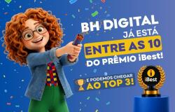 A imagem divulga a plataforma BH Digital, com uma personagem ruiva segurando um objeto que solta confetes. Ao lado, o texto informa que a plataforma está entre as 10 finalistas do Prêmio iBest e incentiva o público a apoiá-la para alcançar o Top 3.