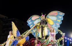 Carro alegórico da Escola de Samba Estrela do Vale durante o desfile do Carnaval de Passarela de Belo Horizonte, em 2026. Uma passista fantasiada de borboleta e outras integrantes caracterizadas como princesas do Carnaval compõem a alegoria, que também traz a representação de um beija-flor.