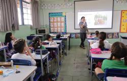 Fotografia de uma sala de aula, onde um professor está em pé à frente da turma, fazendo sinais em Libras. Ao redor, estudantes estão sentados em suas carteiras, acompanhando a aula. Ao fundo, há um projetor com uma apresentação intitulada “Aula de Libras – Ensino Fundamental 2”, além de cartazes educativos, calendário, livros e materiais escolares.