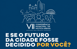 Arte com imagens que remetem a Belo Horizonte e de pessoas, e com o escrito VIII Conferência Municipal de Política Urbana