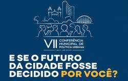 arte mostra uma logo com desenho de pessoas e de prédios icônicos da cidade. Abaixo traz VII Conferência Municipal de Política Urbana e o slogan: E se o futuro da cidade fosse decidido por você? O fundo é azul e as letras e desenhos são brancos e dourados.