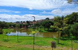 Imagem mostra parte do Parque Nossa Senhora da Piedade com um gramado verde, um lago, algumas árvores de pequeno porte e ao fundo outras maiores. Há também uma lixeira.