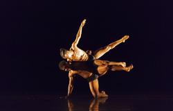 Dois bailarinos aparecem em cena durante uma apresentação de dança contemporânea, iluminados por uma luz quente contra o fundo escuro do palco. Um bailarino está ajoelhado, com uma das mãos apoiada no chão, enquanto sustenta e se conecta ao corpo de outro bailarino de cabelos trançados. O segundo bailarino mantém o corpo inclinado horizontalmente