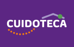 Imagem da arte do programa Cuidoteca, com a palavra escrita em branco, em um fundo roxo, e alguns destaques em laranja e verde