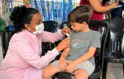 Criança sentada recebendo uma dose de vacina aplicada durante a Campanha de Multivacinação. Uma profissional de saúde, de máscara e jaleco, aplica a vacina. Cena de vacinação ao ar livre.