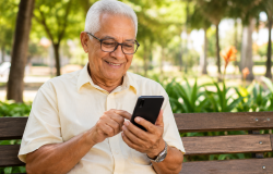 Imagem gerada por Inteligência Artificial mostra um idoso sentado em banco de praça, sorrido e navegando na internet pelo celular