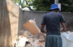 Homem de costas, vestido de camisa cinza e calça verde, com boné azul, está manuseando papelões e materiais recicláveis.