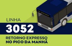 Arte nas cores azul e verde, com a figura da frente de um ônibus e o escrito Lina 3052 - Retorno Expresso no pico da manhã