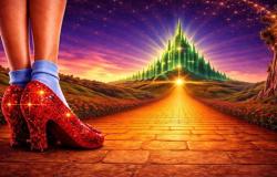 Arte com cores bem fortes, ilustrando a peça Mágico de Oz. No canto, em primeiro plano, aparecem as pernas da personagem Dorothy usando meias azuis e sapatinhos de cristal vermelhos e brilhantes. Ela está no início da estrada de tijolos amarelos que guia até a um castelo verde reluzente ao fundo sob um céu roxo, estrelado..