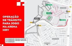 Arte com mapa da operação de trânsito indicando as alterações próximas à Arena MRV para o jogo Atlético x Fluminense