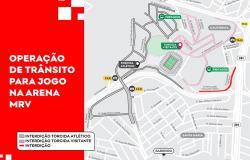 Arte mostra o mapa da região onde está a Arena MRV e as vias por onde trafegarão ônibus, táxis e carros de app.