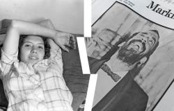 Montagem com recortes de imagens da fotógrafa Mana Coelho e do estilista Markito. Ela está deitada, com os braços sobre a cabeça, e ele está sorrindo, olhando para o alto. Imagem em preto e branco.
