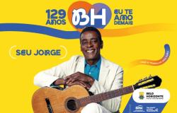 Arte mostra Seu Jorge com um violâo. Ele estávestido com um terno branco e uma camisa azul. O fundo é amarelo, traz alogo da PBH e a inscrição 129 anos - BH Eu te amo.