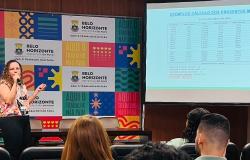Registro de uma capacitação em um auditório. Uma mulher está à frente do público, falando ao microfone e apresentando o conteúdo. Ao lado dela, um telão exibe uma tabela com exemplos de cálculo de proventos. Ao fundo, há um painel colorido com a identidade visual de Belo Horizonte. Os participantes acompanham a apresentação sentados nas cadeiras do auditório. 