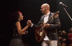 Imagem mostra em um cenário com pouca luz o cantor vander Lee de mãos dadas com a filha Catarina. O cantor está com um violão.