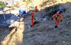 Funcionários da SLU, usando uniformes laranja e portando ferramentas, participam de mutirão de limpeza