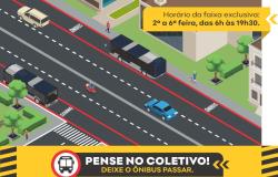 Arte mostra uma via com quatro faixas, sendo que na direita há um ônibus e na central um carro azul. Traz ainda um lettering onde se lê: Pense no coletivo! deixe o ônibus passar.