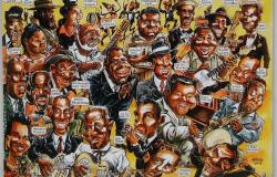 Mais de vinte personalidades internacionais negras, como Charlie Patton e Little Walker, retratadas em um painel de caricaturas, com fundo amarelo. 