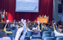 mais de trinta pessoas de mãos levantadas, votando, no Teatro Marília; ao fundo, mesa de abertura de evento e telão.