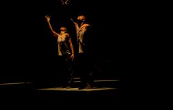 Imagem de dois dançarinos em cima de um palco