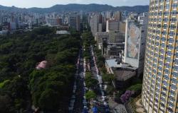 Imagem aérea da Avenida Afonso Pena, com prédios à direita e o Parque Municipal à esquerda.