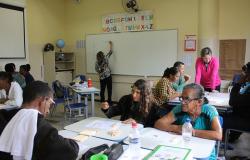 Duas professoras dão aulas para cerca de oito jovens e adultos sentados em mesas, em sala de aula.