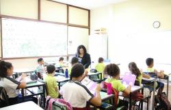Foto de uma sala de aula repleta de crianças e professora ensinando matemática por meio do projeto