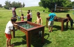 Sete crianças jogam pebolim em duas mesas em um parque gramado, a céu aberto, durante o dia. 