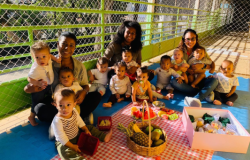 #paratodosverem: A imagem mostra três mulheres sentadas no chão com um grupo de bebês sobre um tapete azul. À frente, há uma toalha xadrez vermelha e branca com frutas como melancia, banana, abacaxi e kiwi, além de uma caixa rosa com lanches. O local é cercado por uma grade verde e está iluminado pela luz do sol.
