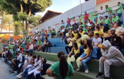 #paratodosverem: na fotografia, estudantes estão sentados(as) em arquibancadas coloridas ao ar livre, eles(as) estão olhando para frente. Muitos(as) vestem camisetas verdes, brancas ou amarelas, e alguns/algumas seguram pompons. Há árvores ao fundo, além de construções escolares.