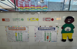 #paratodosverem: Painel em azulejos brancos mostra a “Campanha Xô Desperdício”, com dois quadros contendo tabelas de turmas e dias da semana, preenchidas com carinhas coloridas que indicam níveis de desperdício. Acima, há potes de vidro com faixas coloridas e legendas explicativas. Do lado direito, um boneco de papel colorido enfeita a parede.