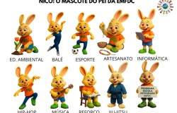 #paratodosverem: A imagem apresenta Nico, um coelho amarelo e sorridente, mascote do PEI, em diferentes poses que representam atividades como esporte, dança, música, artesanato, informática e estudo. Ele usa roupas coloridas e aparece de forma lúdica e educativa.