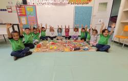 #paratodosverem: Em uma sala de aula, treze crianças pequenas estão sentadas no chão, em semicírculo, com os braços erguidos e sorrindo para a foto. À frente delas, há diversos produtos alimentícios, como biscoitos, salgadinhos e embalagens variadas, utilizados em uma atividade pedagógica. Ao fundo, há um quadro branco e painéis coloridos.