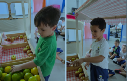 #PARATODOSVEREM: Duas crianças em um espaço montado com bancas de madeira decoradas com tecido xadrez. Os alunos observam e tocam frutas como laranjas, limões e maçãs dispostas nas prateleiras. Ao fundo, outras crianças aparecem sentadas no chão da sala acompanhando a atividade.