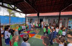 #paratodosverem: Crianças organizadas em roda participam de uma atividade coletiva em pátio escolar coberto, orientada por professores. No chão, há um tapete circular colorido e marcações de jogos. Ao fundo, aparecem murais com trabalhos feitos pelos alunos.