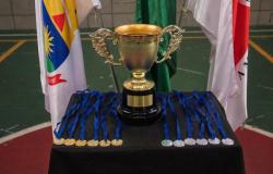 #paratodosverem: Troféu dourado está sobre uma mesa coberta por pano preto em uma quadra esportiva. Ao lado, há fileiras de medalhas com fitas azuis, nas cores dourada e prata. Ao fundo, aparecem as bandeiras do Brasil e de Minas Gerais.