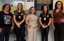 #paratodosverem: Cinco mulheres posam lado a lado, sorrindo para a foto. Duas delas (segunda e quarta mulheres, da esquerda para direita) usam camisetas pretas com identificação da Polícia Civil. 